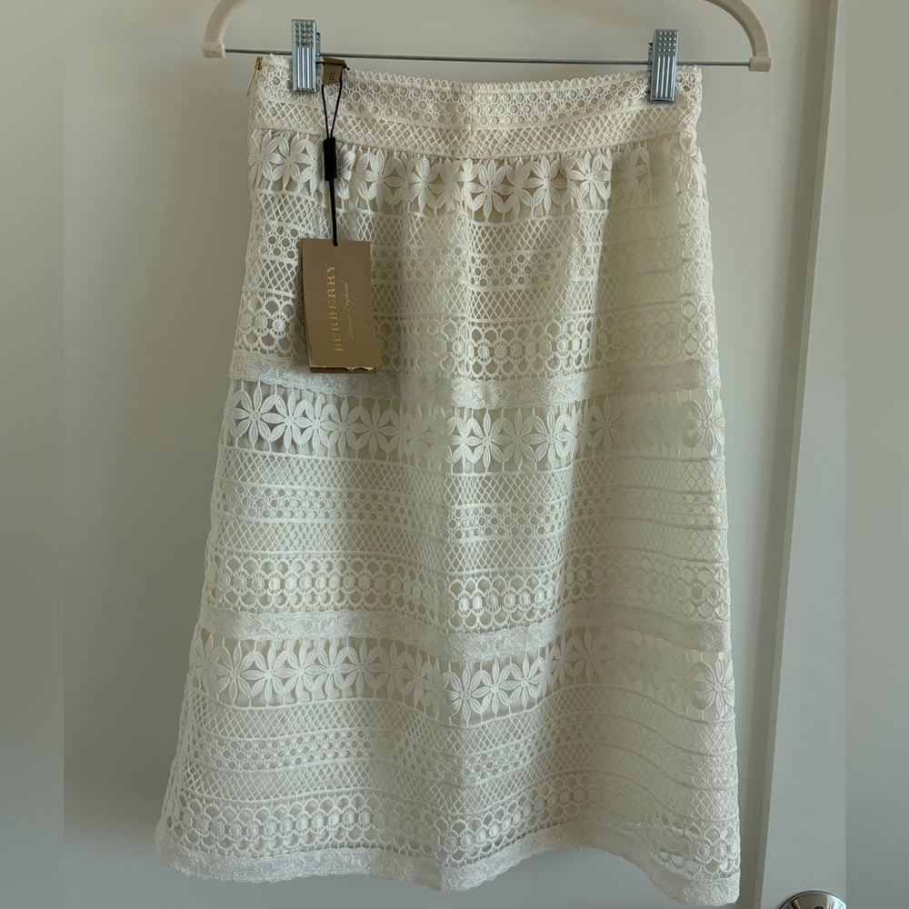 Burberry Guipure Lace Paneled Midi Skirt in White